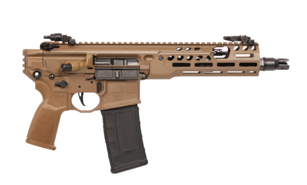 Tan AR-style rifle with a long handguard, top rail, and detachable black magazine.