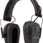 Over-ear hearing protection headset with padded headband and metal side arms, ULTRX branding on the right earcup.