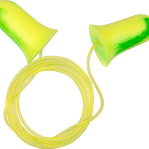 Neon yellow-green reusable earplugs with a connecting cord for hearing protection.