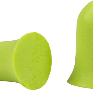 Two lime-green silicone earplugs, one standing upright and the other lying on its side.