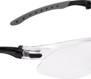 Clear safety glasses with wraparound lens and gray adjustable nose pad and black temple extensions, designed for impact protection in sports or work environments.