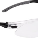 Clear protective safety goggles with an adjustable strap and wraparound lenses.