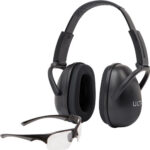 Black over-ear headphones with cushioned ear cups, alongside clear safety glasses folded in front.