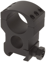 Black double-ring scope mount clamp for attaching a rifle scope to a rail, featuring two rings, base, and tightening screws.