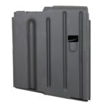 Detachable firearm magazine in dark gray viewed from side with vertical ribs on the body.