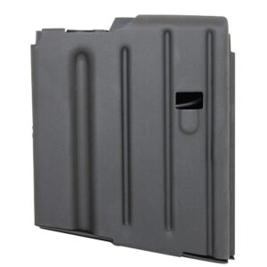 Detachable firearm magazine in dark gray viewed from side with vertical ribs on the body.