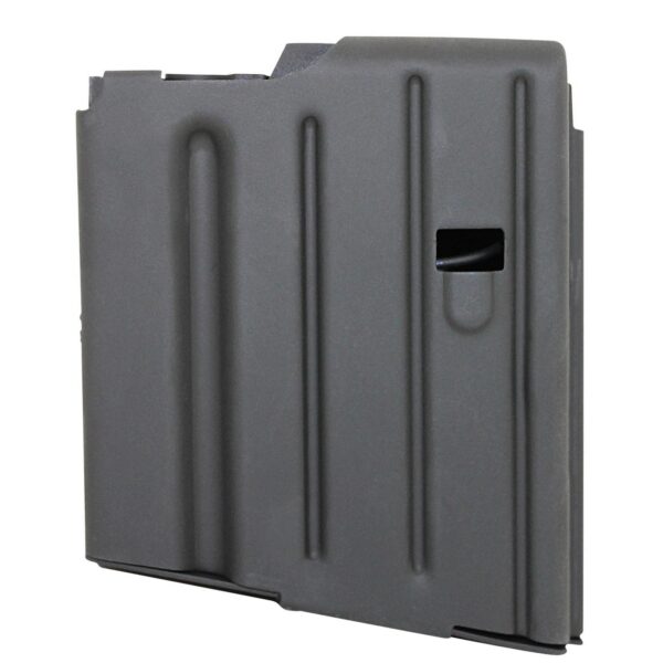 Detachable firearm magazine in dark gray viewed from side with vertical ribs on the body.