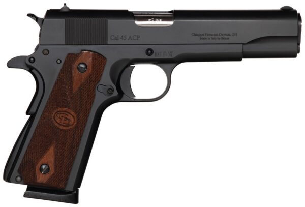 Side view of a black semi-automatic handgun with brown wooden grips, stamped 'Cal 45 ACP'.
