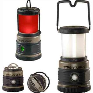 Group of four Streamlight camping lanterns of varying sizes in black and tan, with one red-lit lantern on the top left and a white lantern on the right.] seems too long.
