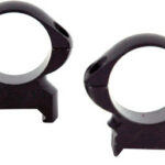 Pair of black rifle scope rings with silver inner surfaces for mounting a scope.