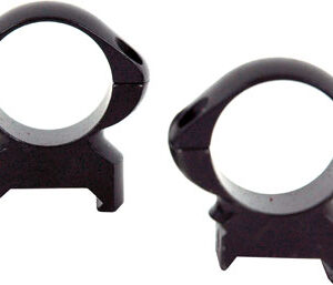 Pair of black rifle scope rings with silver inner surfaces for mounting a scope.