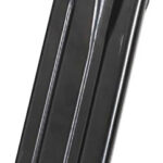 Black curved pistol magazine with a flat base plate