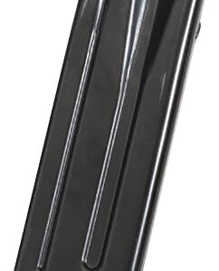 Black curved pistol magazine with a flat base plate