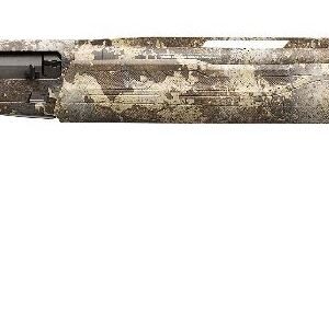 Camouflage hunting rifle with a long barrel and visible trigger guard in a horizontal orientation.
