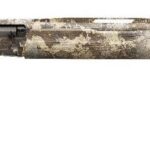 Camouflage-pattern hunting rifle with long barrel and black recoil pad on stock.