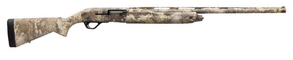 Camouflage-pattern hunting rifle with long barrel and black recoil pad on stock.