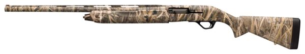 Camouflage-pattern hunting shotgun with a long barrel and black stock against a white background.