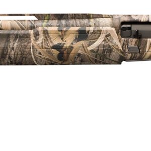 Camouflage-pattern hunting rifle with long barrel and black stock on a white background