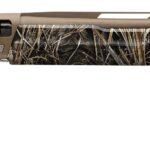 Camouflage-patterned hunting shotgun with a tan receiver and long brown barrel.
