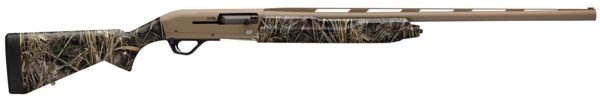 Camouflage-patterned hunting shotgun with a tan receiver and long brown barrel.