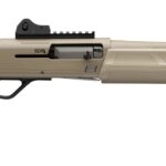 Tan precision hunting rifle shown in profile with adjustable stock and Picatinny rail along the top of the receiver and barrel