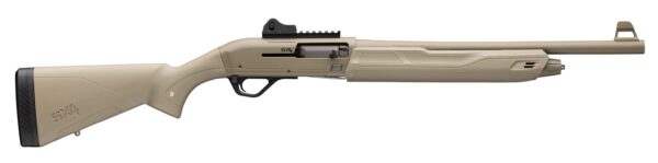 Tan precision hunting rifle shown in profile with adjustable stock and Picatinny rail along the top of the receiver and barrel