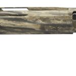 Camouflage-pattern hunting rifle with long barrel shown horizontally against a white background.