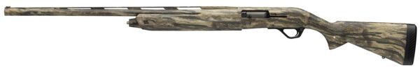 Camouflage-pattern hunting rifle with long barrel shown horizontally against a white background.