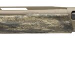 Semi-automatic hunting shotgun in desert-tan and camouflage, shown in profile with a long barrel.