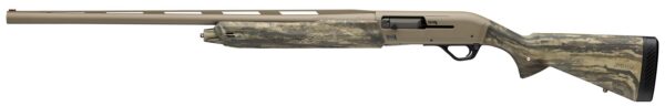 Semi-automatic hunting shotgun in desert-tan and camouflage, shown in profile with a long barrel.