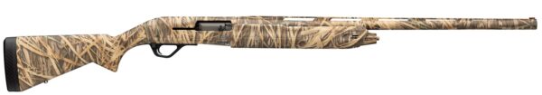 Camouflage hunting rifle with long barrel laid horizontally on a white background