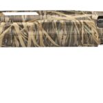 Camouflage-pattern hunting shotgun with a long barrel and ergonomic stock.