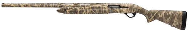 Camouflage-pattern hunting shotgun with a long barrel and ergonomic stock.