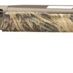 Camouflage-pattern hunting rifle with a long tan barrel and Mossy Oak camo stock, shown in profile.