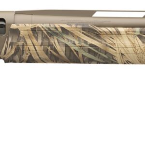 Camouflage-pattern hunting shotgun with a long beige barrel and camo stock used for hunting.