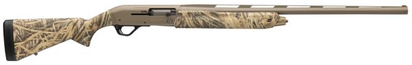 Camouflage-pattern hunting rifle with a tan synthetic stock and a long barrel, oriented left to right.