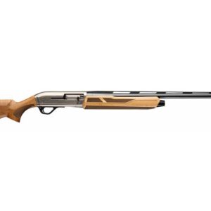 Side view of a long-barreled shotgun with a wooden stock and fore-end.