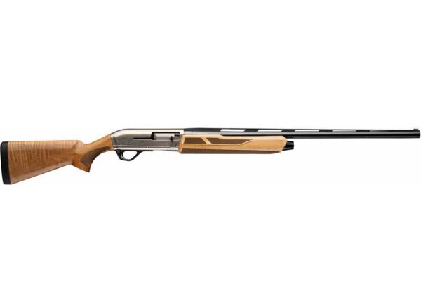 Side view of a long-barreled shotgun with a wooden stock and fore-end.