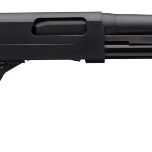 Black pump-action shotgun with synthetic stock and long barrel, ribbed forend visible from the side.