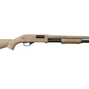 Tan pump-action shotgun with a long barrel and ribbed forend, shown from the side