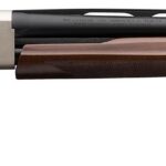 Side view of a lever-action shotgun with a wooden stock, silver engraved receiver, and long barrel.