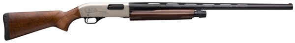 Side view of a lever-action shotgun with a wooden stock, silver engraved receiver, and long barrel.