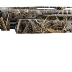 Camouflage hunting shotgun with long barrel and pistol grip.