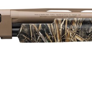 Camouflage-pattern hunting shotgun with a tan body and long barrel, pictured from the side (pump-action).