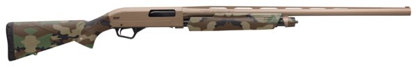 Desert camo semi-automatic shotgun shown in profile with long 28-inch barrel.