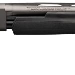 Side view of a black matte pump-action shotgun with a long barrel and textured stock.