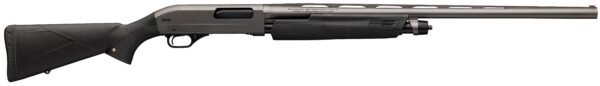 Side view of a black matte pump-action shotgun with a long barrel and textured stock.