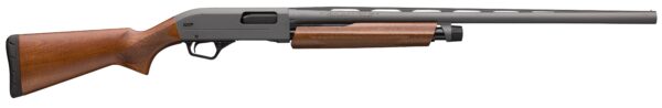 Side view of a Mossberg SXP pump-action shotgun with a wood stock and fore-end in profile.
