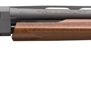 Pump-action shotgun with a wooden stock and fore-end photographed in profile.