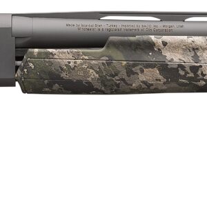 Camouflage-pattern shotgun with a gray receiver and long barrel, showing a synthetic stock and camouflage forend.